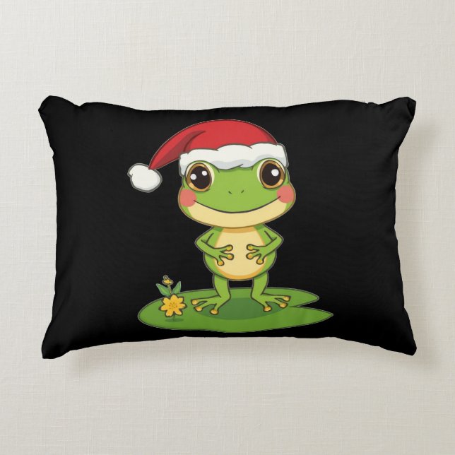 Cute Cartoon Frog Character Wearing a Santa Hat on Accent Pillow (Front)