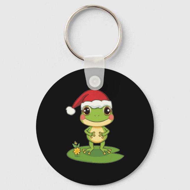 Cute Cartoon Frog Character Wearing a Santa Hat on Keychain (Front)