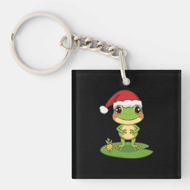 Cute Cartoon Frog Character Wearing a Santa Hat on Keychain (Front)