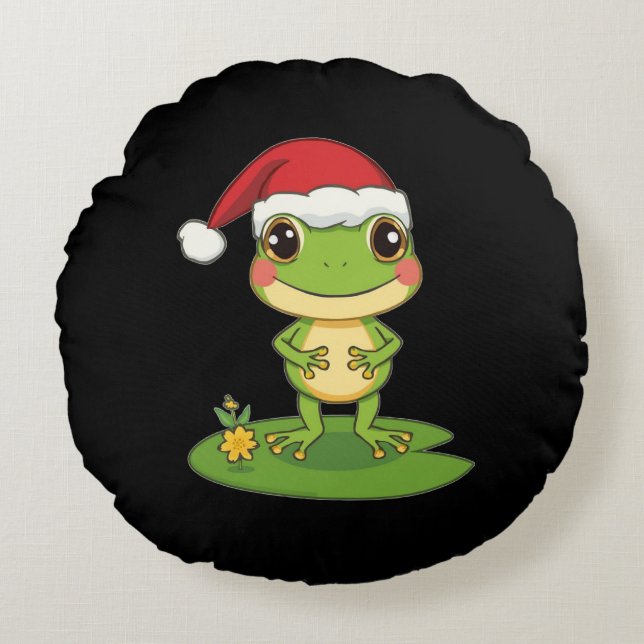 Cute Cartoon Frog Character Wearing a Santa Hat on Round Pillow (Front)