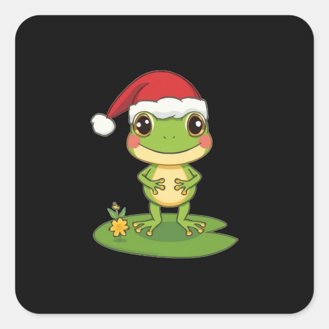 Cute Cartoon Frog Character Wearing a Santa Hat on Square Sticker (Front)