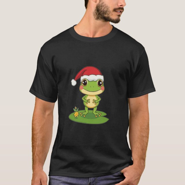 Cute Cartoon Frog Character Wearing a Santa Hat on T-Shirt (Front)