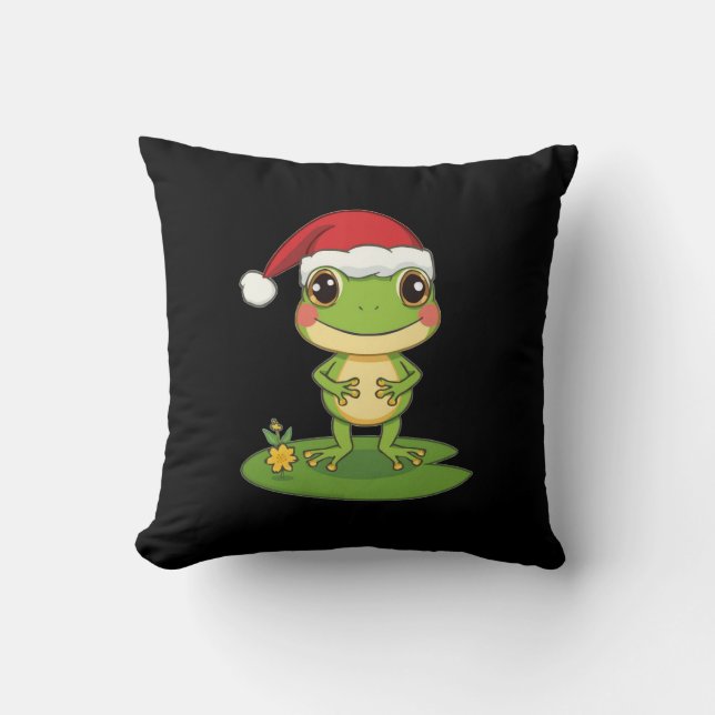 Cute Cartoon Frog Character Wearing a Santa Hat on Throw Pillow (Front)