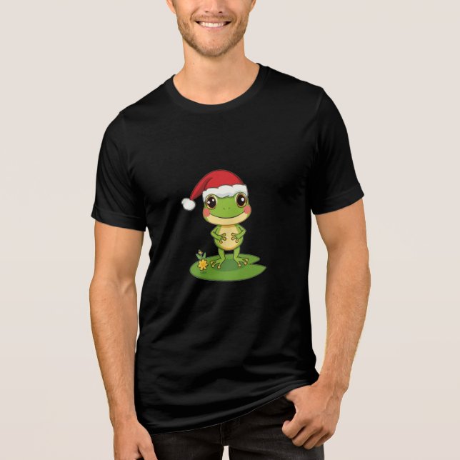 Cute Cartoon Frog Character Wearing a Santa Hat on Tri-Blend Shirt (Front)