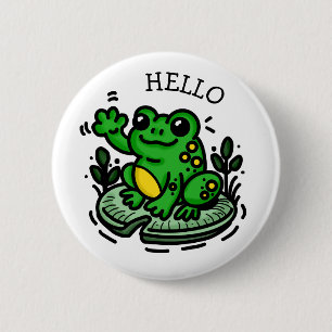 Cute Cartoon Frog on Lily pad saying Hello 2 Inch Round Button
