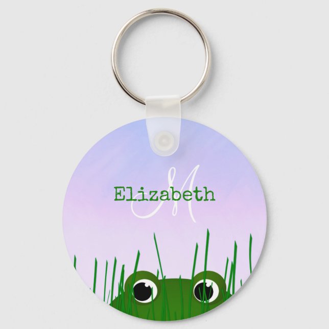Cute cartoon frog peeking thru grass personalized keychain (Front)