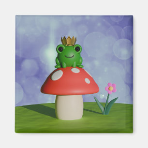 Cute Cartoon Frog Wearing a Crown on a Mushroom Magnet