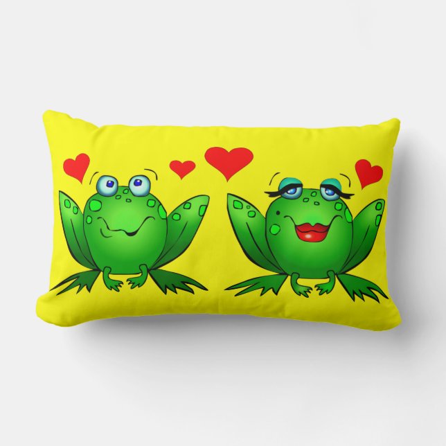 Cute Cartoon Frogs Hearts Bright Cheerful Lumbar Pillow (Front)