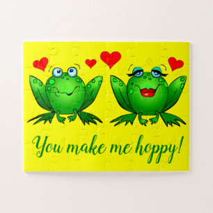 Cute Cartoon Frogs Hearts Cheerful Colourful Jigsaw Puzzle