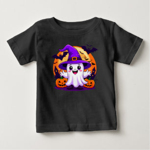 Cute Cartoon Ghost in Witch Hat with Pumpkins Baby T-Shirt