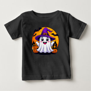 Cute Cartoon Ghost in Witch Hat with Pumpkins Baby T-Shirt