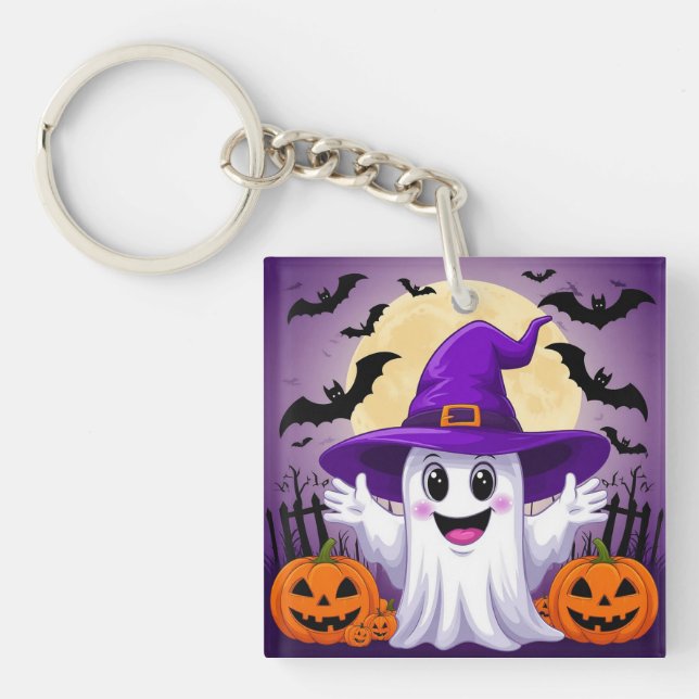 Cute Cartoon Ghost in Witch Hat with Pumpkins Keychain (Front)