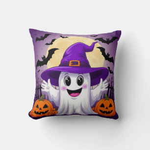 Cute Cartoon Ghost in Witch Hat with Pumpkins Throw Pillow