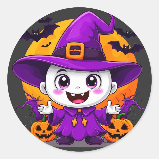 Cute Cartoon Ghost Witch Hat Halloween Classic Round Sticker (Front)