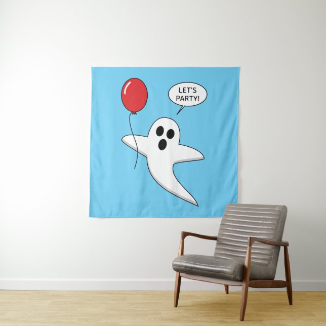 Cute Cartoon Ghost with Red Balloon Tapestry (In Situ)