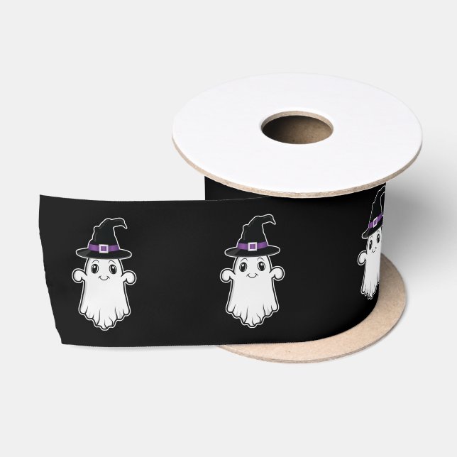 Cute Cartoon Ghost With Witch Hat Halloween Black Satin Ribbon (Spool)