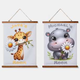 Cute Cartoon Giraffe and Hippo Child Room Hanging Tapestry