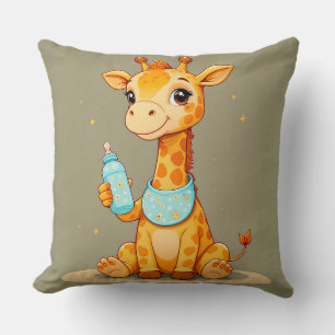 Cute Cartoon Giraffe Character Holding a Baby Bott Throw Pillow