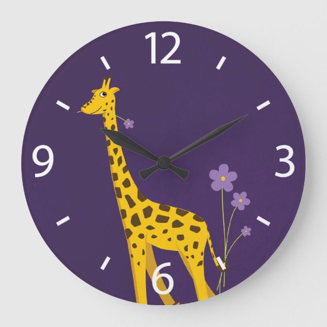 Cute Cartoon Giraffe Flowers Purple Large Clock (Front)