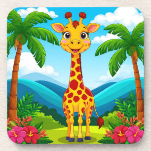Cute Cartoon Giraffe in a Tropical Landscape Coaster