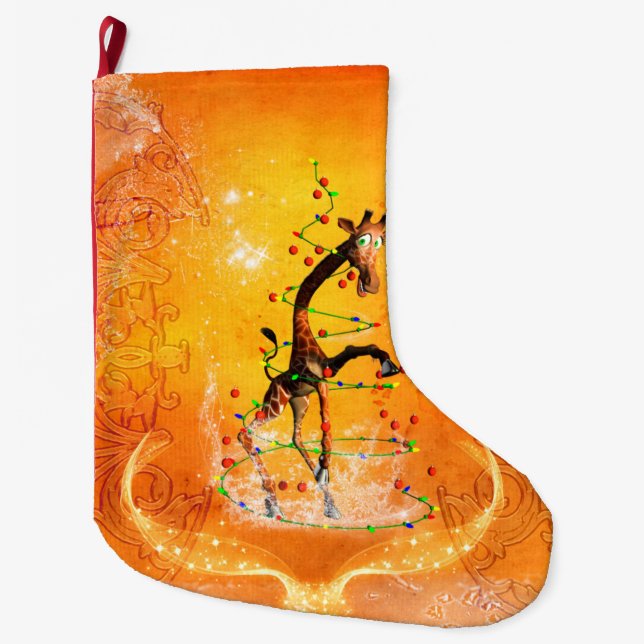 Cute cartoon giraffe with christmas tree large christmas stocking (Front)