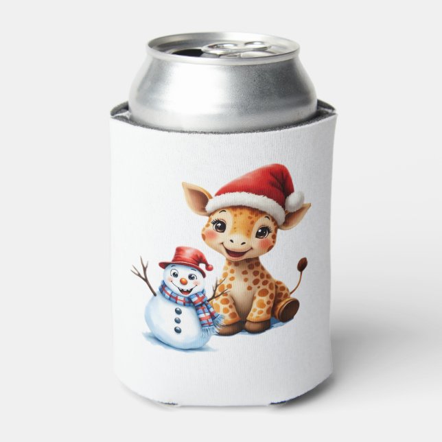 Cute Cartoon Giraffe with Santa Hat & Snowman Clas Can Cooler (Can Front)
