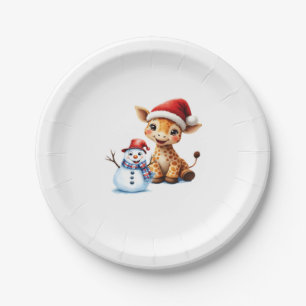 Cute Cartoon Giraffe with Santa Hat & Snowman Clas Paper Plate