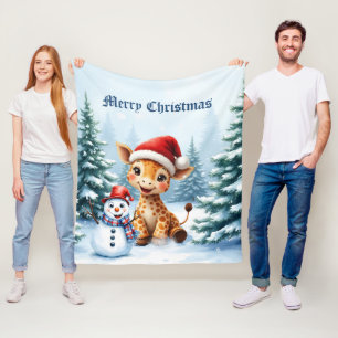 Cute Cartoon Giraffe with Santa Hat & Snowman Fleece Blanket
