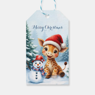 Cute Cartoon Giraffe with Santa Hat & Snowman Gift Tags