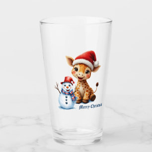 Cute Cartoon Giraffe with Santa Hat & Snowman Glass
