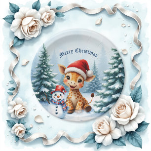 Cute Cartoon Giraffe with Santa Hat & Snowman Paper Plate
