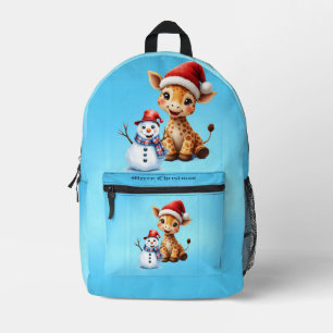 Cute Cartoon Giraffe with Santa Hat & Snowman Printed Backpack