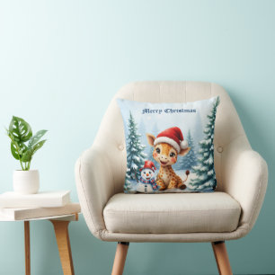 Cute Cartoon Giraffe with Santa Hat & Snowman Throw Pillow