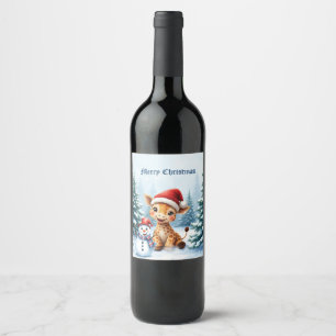 Cute Cartoon Giraffe with Santa Hat & Snowman Wine Label