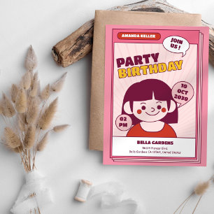 Cute Cartoon Girl Birthday Party Invitation