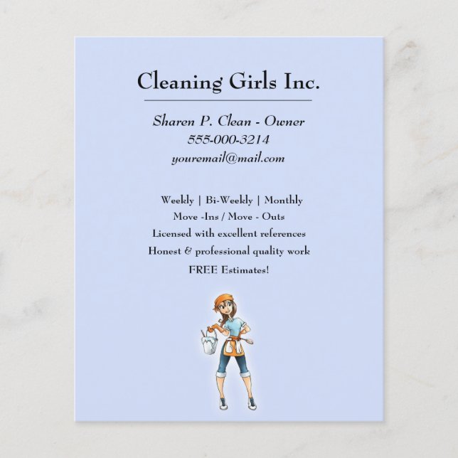 Cute Cartoon Girl Cleaning Service business Flyer (Front)