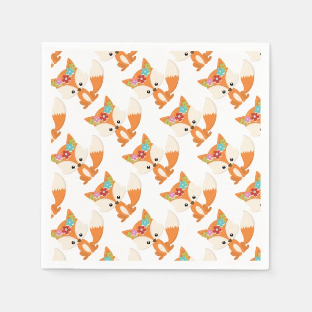 Cute Cartoon Girl Fox Pup With Flowers Napkin (Front)
