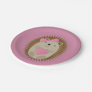 Cute Cartoon Girl Hedgehog Hugging a Pink Heart Paper Plate