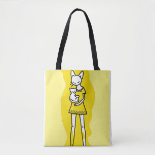 "Cute Cartoon Girl in Dress Holding White Kitten - Tote Bag