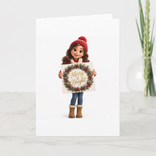 Cute Cartoon Girl Merry and Bright Christmas Card