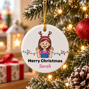 Cute Cartoon Girl Merry Christmas Holiday Ceramic Ornament