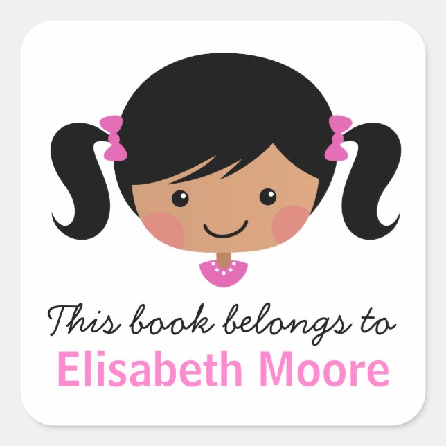 Cute cartoon girl personalized bookplate square sticker (Front)
