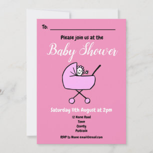 Cute Cartoon Girl Pink Baby Shower Invitation