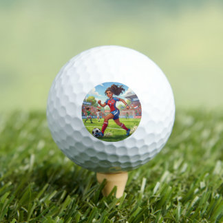 Cute Cartoon Girl Playing Soccer Football Golf Balls