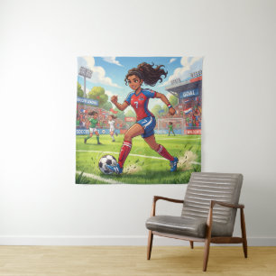 Cute Cartoon Girl Playing Soccer Football Tapestry