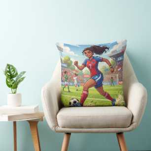 Cute Cartoon Girl Playing Soccer Football Throw Pillow