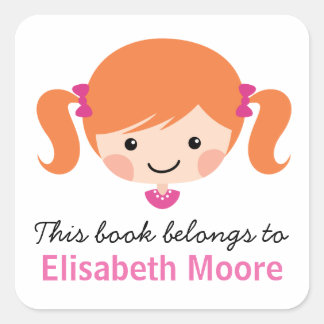 Cute cartoon girl red hair personalized bookplate square sticker