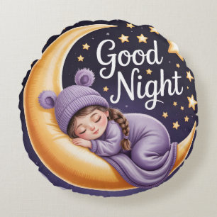 Cute Cartoon Girl Sleeping on Crescent Moon Round Pillow