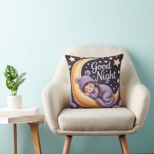 Cute Cartoon Girl Sleeping on Crescent Moon Throw Pillow