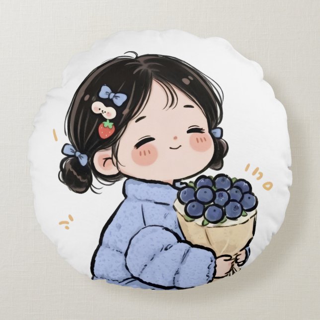 Cute Cartoon Girl with Blueberries Throw Pillow  (Front)